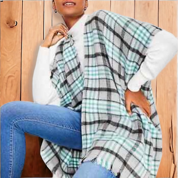 Loft Gray Green Plaid Blanket Kimono Wrap Jacket Top Oversized Womens XS Small - Picture 5 of 9